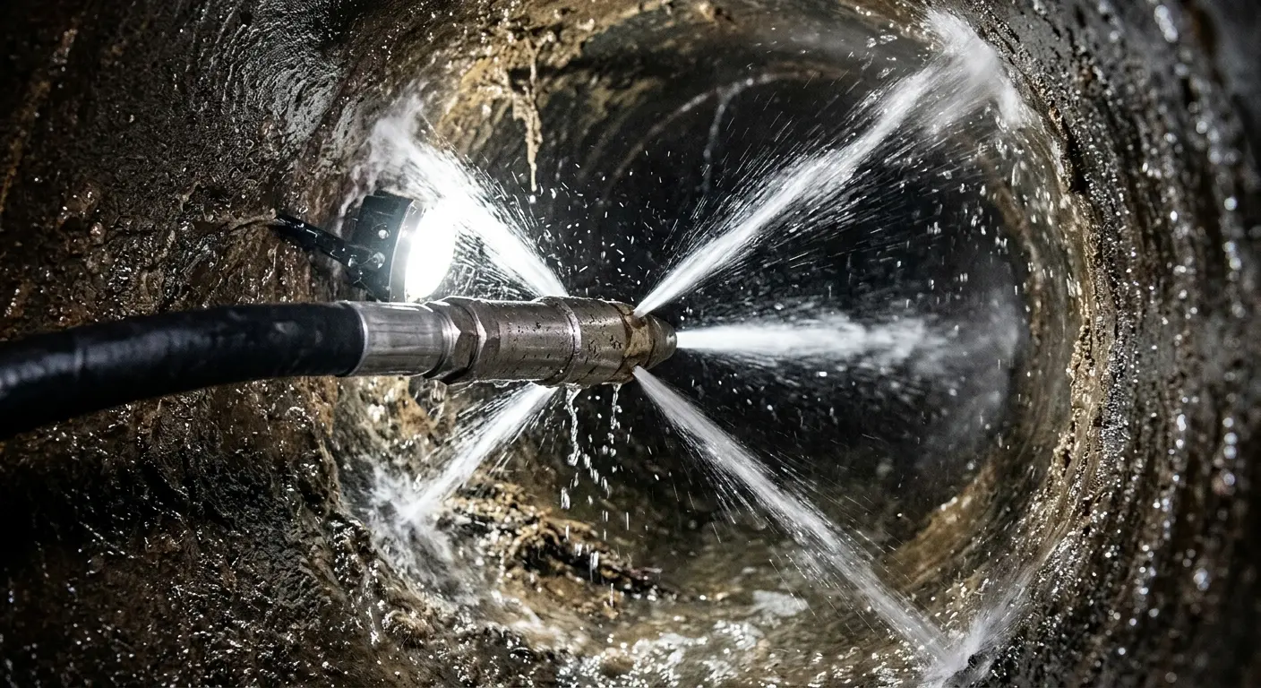 High-pressure hydro jetting nozzle cleaning sewer pipe for Storm Drain Cleaning in Port Townsend
