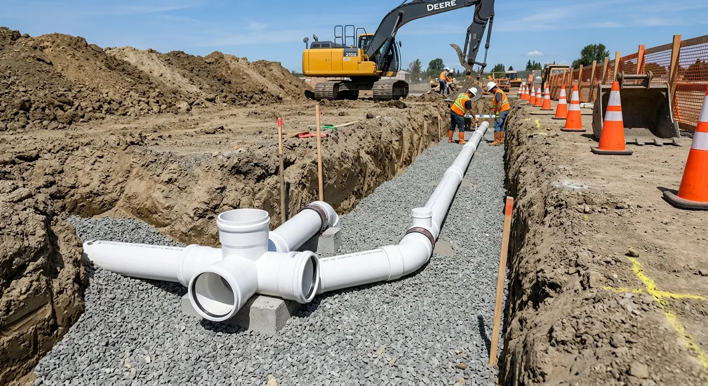 New PVC sewer pipe installation in open trench for Sewer Backup in Port Townsend