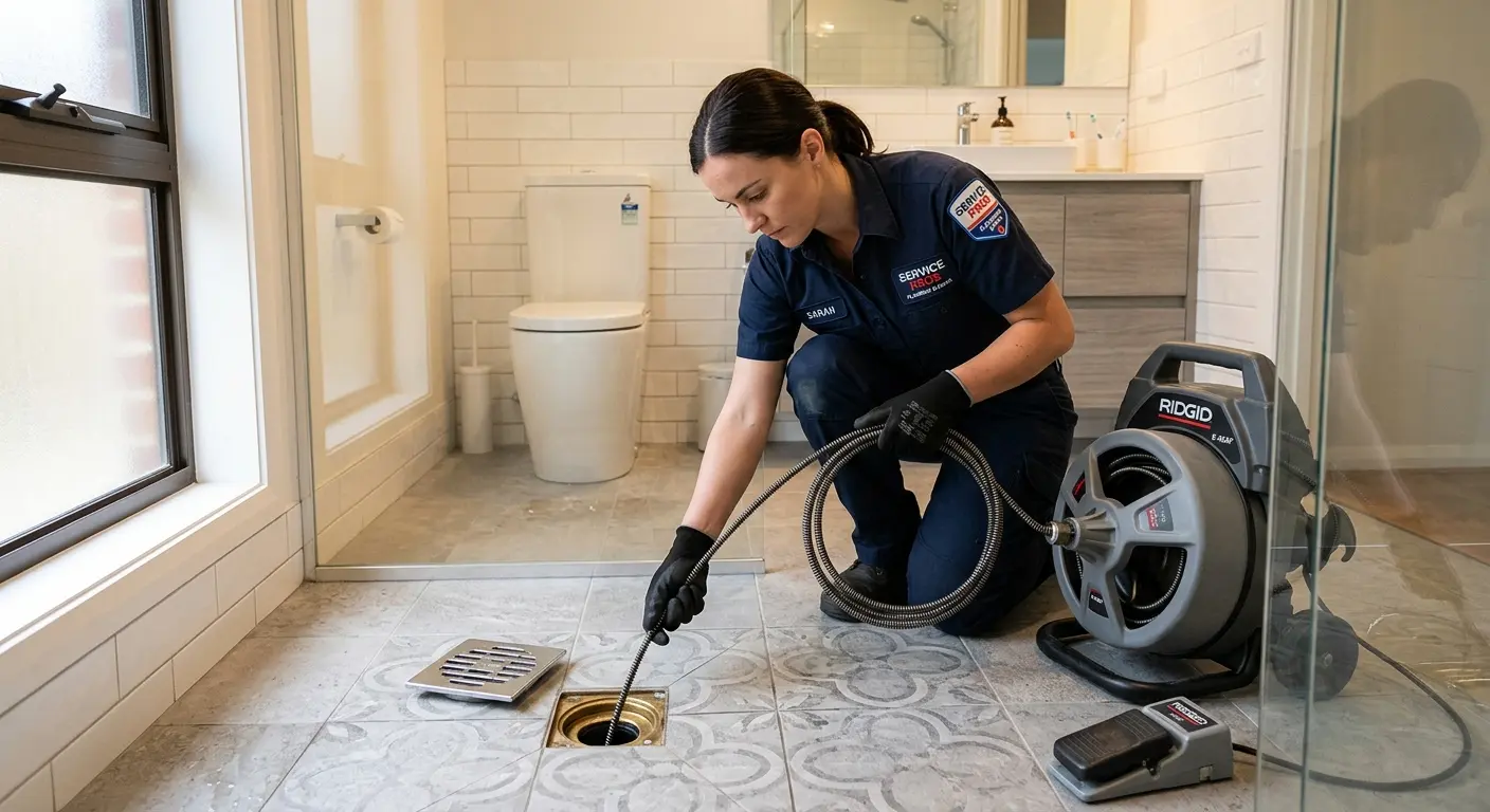 Technician clearing a bathroom floor drain for Sewer Line Replacement in Port Townsend